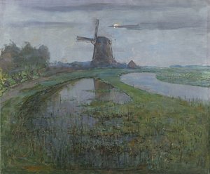 Oostzijdse molen langs de rivier Gein bij maanlicht