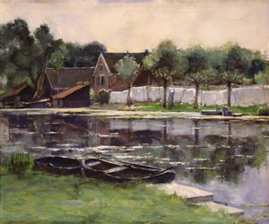 Boerenvrouwen met wasgoed aan de oever van een rivier door Piet Mondrian
