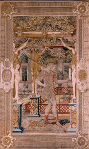 Vlaamse wandtapijt. Serie Vertumnus en Pomona. Vertumnus getransformeerd in een boer. Tweede wandtapijt in de serie. Linker deel de transformatie van Daphne. Model Kring van Pieter Coecke van Aelst. Fabrikant Wilhelm Pannemaker, Brussel. Ca 1545-1550.