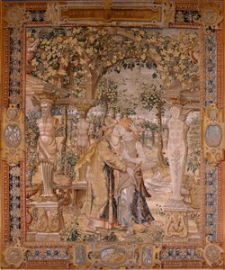 Vlaams wandtapijt. Serie Vertumnus en Pomona. Vertumnus kust Pomona. Zevende wandtapijt in de serie. Model Kring van Pieter Coecke van Aelst. Manufacture Wilhelm Pannemaker, Brussel. Ca 1545-1550. Stof Goud, zilver, zijde en wol. Grootte 430 x 365 cm. door Pieter (circle of) Coecke van Aelst