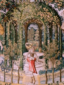 Vlaamse wandtapijt. Serie Vertumnus en Pomona; Vertumnus getransformeerd in een tuinman (Vertumno transformado en jardinero). Vijfde wandtapijt in de serie. Model Kring van Pieter Coecke Van Aelst en Léonard Thiry. Fabriek Onbekende werkplaats, Brussel, vo