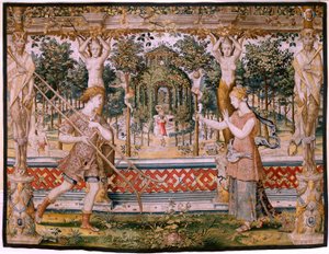 Vlaams wandtapijt. Serie Vertumnus en Pomona; Vertumnus veranderd in een tuinman. Vijfde wandtapijt in de serie. Model Kring van Pieter Coecke Van Aelst en Léonard Thiry. Manufacture Onbekende werkplaats, Brussel, voor