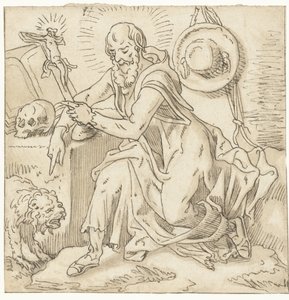Heilige Hieronymus gezeten bij een crucifix, boek en schedel door Pieter Aertsen (workshop of)