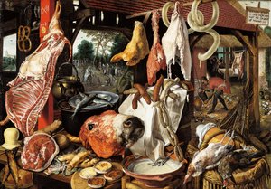 Slagerskraam met de Vlucht naar Egypte door Pieter Aertsen