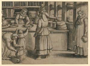 Het interieur van een melk- en kaaswinkel door Pieter Aertsen