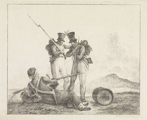 Drie soldaten op het slagveld door Pieter Bartholomeusz. Barbiers
