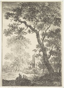 Landschap met ruïne en zittende figuur door Pieter Bartholomeusz. Barbiers
