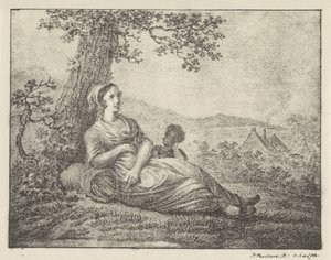 Rustende vrouw bij boom door Pieter Bartholomeusz. Barbiers