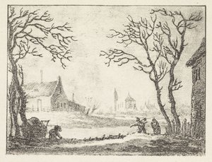 Winterlandschap met huizen en figuren