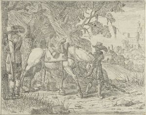 Gezadeld paard met soldaten door Pieter Bodding van Laer