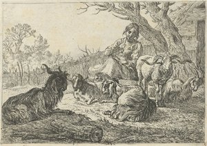 Herderin te midden van geiten en schapen