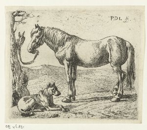 Paard en hond in een weide door Pieter Bodding van Laer
