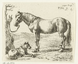 Paard en hond in een weide door Pieter Bodding van Laer