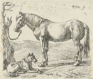 Paard en hond in een weide door Pieter Bodding van Laer