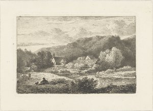 Heuvellandschap met kerkje en huizen door Pieter Casper Christ