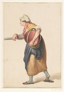 Staande vrouw met een emmer onder de arm door Pieter Christoffel Wonder