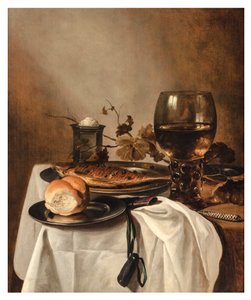 Een broodje, haring, zilveren zoutvat, grote roemer en mes op een gedekte tafel, ca. 1644 door Pieter Claesz