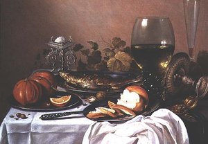 Stilleven met makreel, pompoen en brood