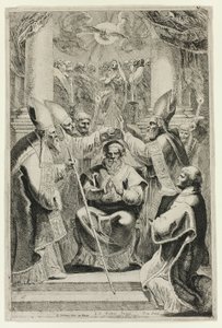 Wijding van de bisschop van Noyon met scène van Pinksteren erboven door Pieter Claesz. Soutman