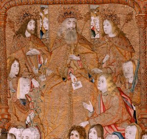 Vlaamse wandtapijt. Serie Triomfen van de Moeder of Paños de Oro. God stuurt de Aartsengel Gabriel. Eerste wandtapijt in de serie. Model Colin de Cooter (?). Manufacture Pieter van Aelst (of van Edingen), Brussel. Ca 1500-1502. door Pieter Coecke van Aelst