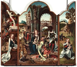 Drieluik van de Aanbidding der Wijzen Linker paneel: Aankondiging - Rechter paneel: Aankondiging, links en Vlucht naar Egypte rechts door Pieter Coecke van Aelst