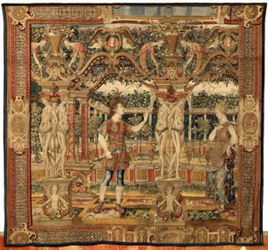 Vertumnus en Pomona: Vertumnus getransformeerd in een snoeier, ca. 1550 (goud, wol en zijde) door Pieter Coecke van Aelst