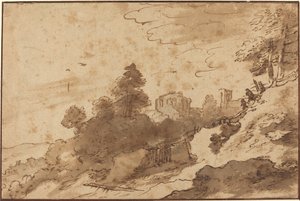 Landschap met brug en ruïnes op de achtergrond