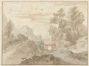 Berglandschap met twee figuren op een smalle brug door Pieter Dircksz van Santvoort (possibly)
