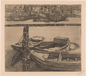 Schepen in het Damrak in Amsterdam door Pieter Dupont (signed by artist)