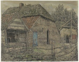 Grote boerenschuur, met een varkenshok ervoor