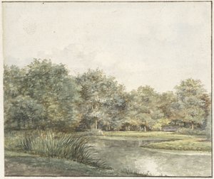 Landschap met bomen aan het water door Pieter Ernst Hendrik Praetorius