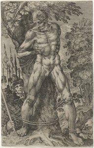 Achior vastgebonden aan een boom door Pieter Feddes van Harlingen