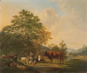 Heuvelachtig landschap met herder, drijver en vee