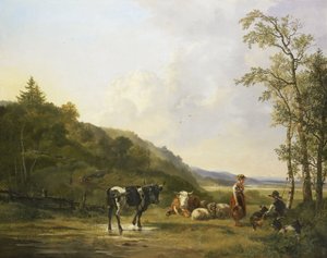 Landschap met herders en vee door Pieter Gerardus van Os