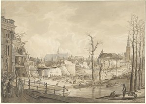 Ruïnes op de noordzijde van het Steenschuur na de Buskruitramp te Leiden, 12 januari 1807 door Pieter Gerardus van Os