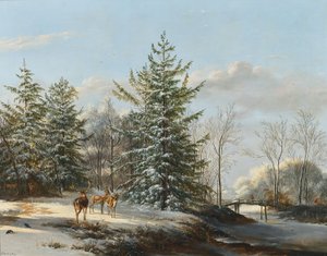Winterlandschap met damherten door Pieter Gerardus van Os