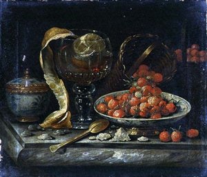 Stilleven van Chinese Blauwe en Witte Kom en Deksel, Glazen Roemer, Gouden Lepel en Fruit