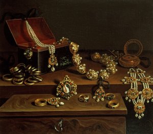 Kist met juwelen op een tafel, voornamelijk van Duitse oorsprong (1600-50)
