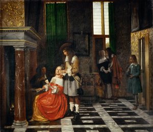 Kaartspelers in een weelderig interieur door Pieter Hooch de
