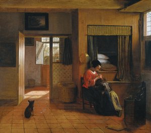 Interieur met een Moeder die het Haar van haar Kind Ontluist (Moederplicht) door Pieter Hooch de