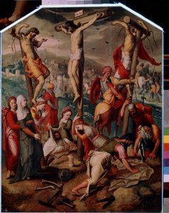 Calvaire (Calvarie). Op Golgotha, Jezus Christus gekruisigd met de twee andere ter dood veroordeelden. Hij draagt het bord INRI (I.N.R.I.) op het kruis. Aan de voet huilt Sint Maria Magdalena om de dood van Jezus, haar flesje ligt omver op de grond. Sint V door Pieter I Pietersz