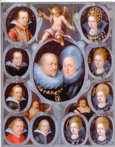 Hertog Frederik I (1557-1608) (r. 1593-1608) en hertogin van Württemberg Sibylla met tien van hun kinderen