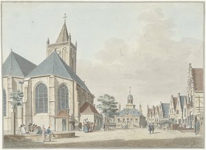 De markt te Vlaardingen met de kerk en het stadhuis door Pieter Jan van Liender