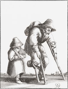 Kreupel bedelaar met kind door Pieter Jansz (after) Quast