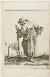 Marcherende bedelaarster met een mand, uit T is al verwart-gaern (Het is al verwarrend) door Pieter Jansz. Quast