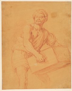 Studie eines bärtigen und turbantragenden Mannes, der eine Truhe trägt door Pieter Lastman