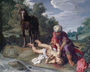 De barmhartige Samaritaan verzorgt de wonden van de reiziger (Lucas 10:25-37) door Pieter Lastman