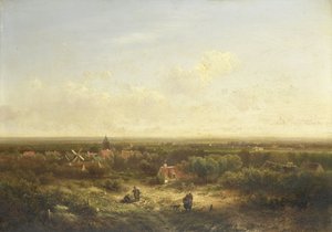 Vergezicht met een dorp door Pieter Lodewijk Francisco Kluyver