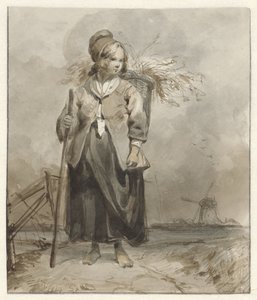 Staande vrouw met stok en mand op de rug door Pieter Marinus van de Laar (attributed to)