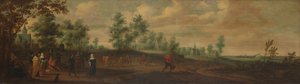 Landschap met een dansend paar buiten een landhuis door Pieter Meulener